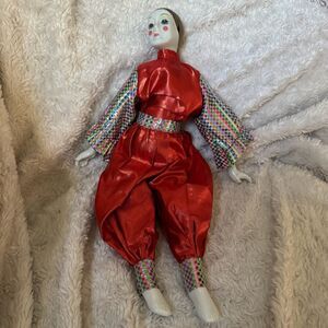 Vintage Collectible Porcelain Harlequin Jester Doll 15" Red Jumpsuit